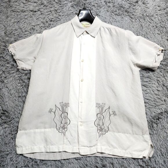 Cubavera Shirt Mens Large White Linen Rayon Embroidered Guitar Floral Hawaiian‎ - Picture 1 of 12